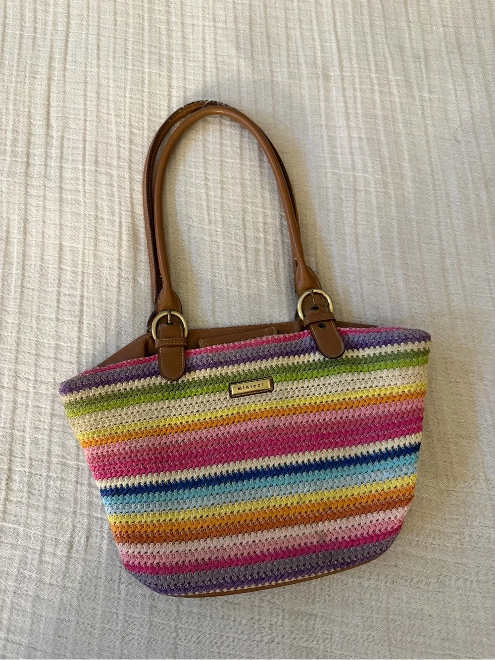 Source Unknown Multicolor Striped Crochet Tote with Tan Handles